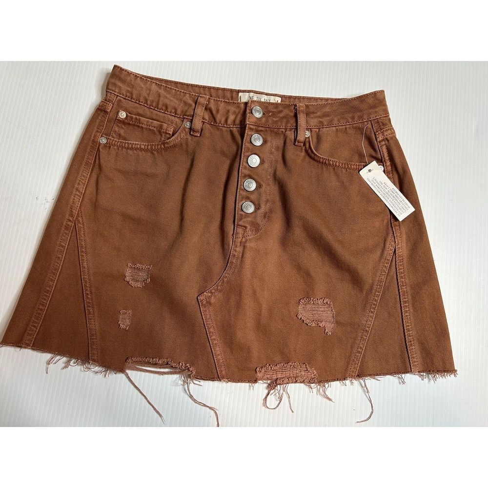 NWT We The Free Brown Distressed Raw Hem Denim Button Fly Mini Skirt Size 29